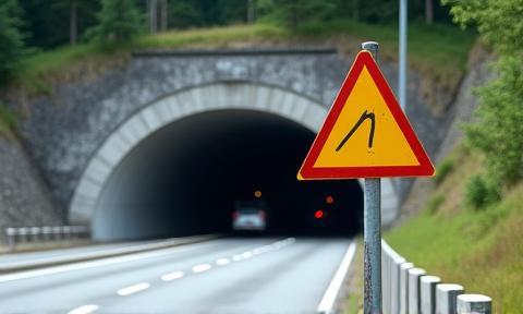 Warnschild vor einem Tunnel in Österreich bei Tageslicht