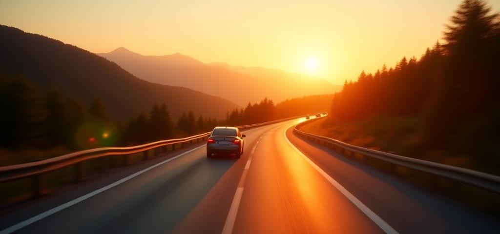 Autobahn in Österreich bei Sonnenuntergang mit fahrenden Autos