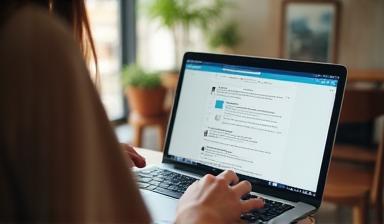 Junge Person mit Laptop unterwegs, Email-Newsletter auf dem Bildschirm